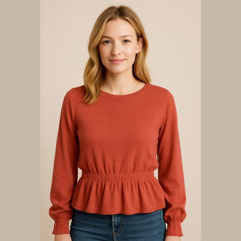 Zara Women's Size Small Coral Pink Ribbed Long Sleeve Peplum Boho Top